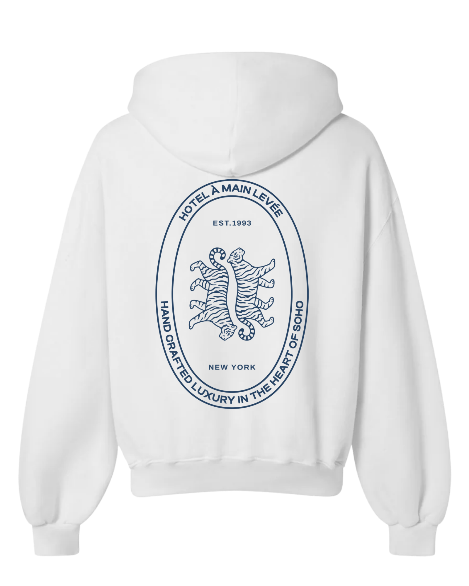 Hand Crafted Tiger Hoodie — back view with hotel insignia